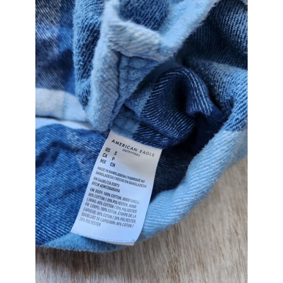 American Eagle Super Soft Flannel Removable Hood Blue Plaid Drawstring Warm Sz L - Picture 4 of 8